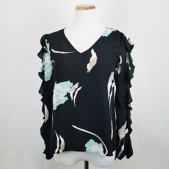1. State Black Floral Ruffle Long Sleeve Top - Picture 2 of 6